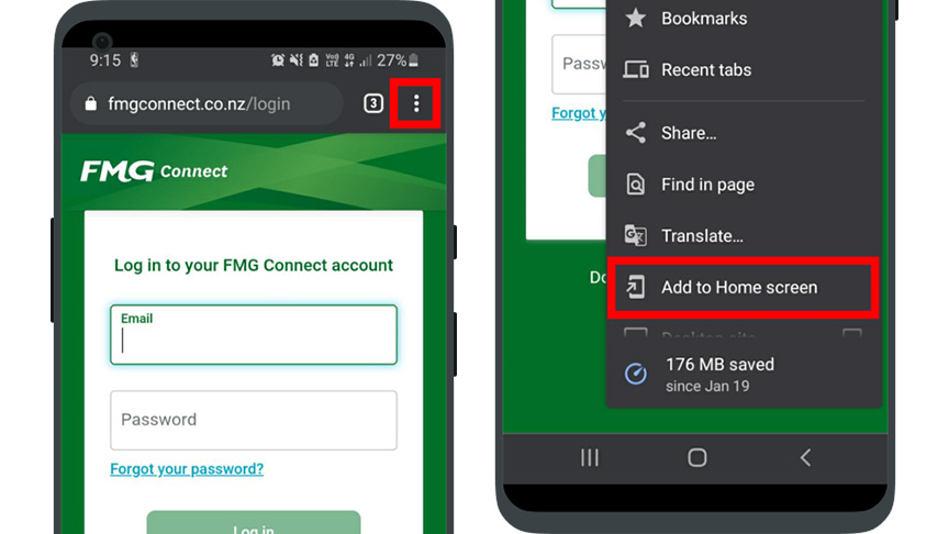 FMG Connect login page on Android phone showing drop-down menu with Add to Home screen highlighted