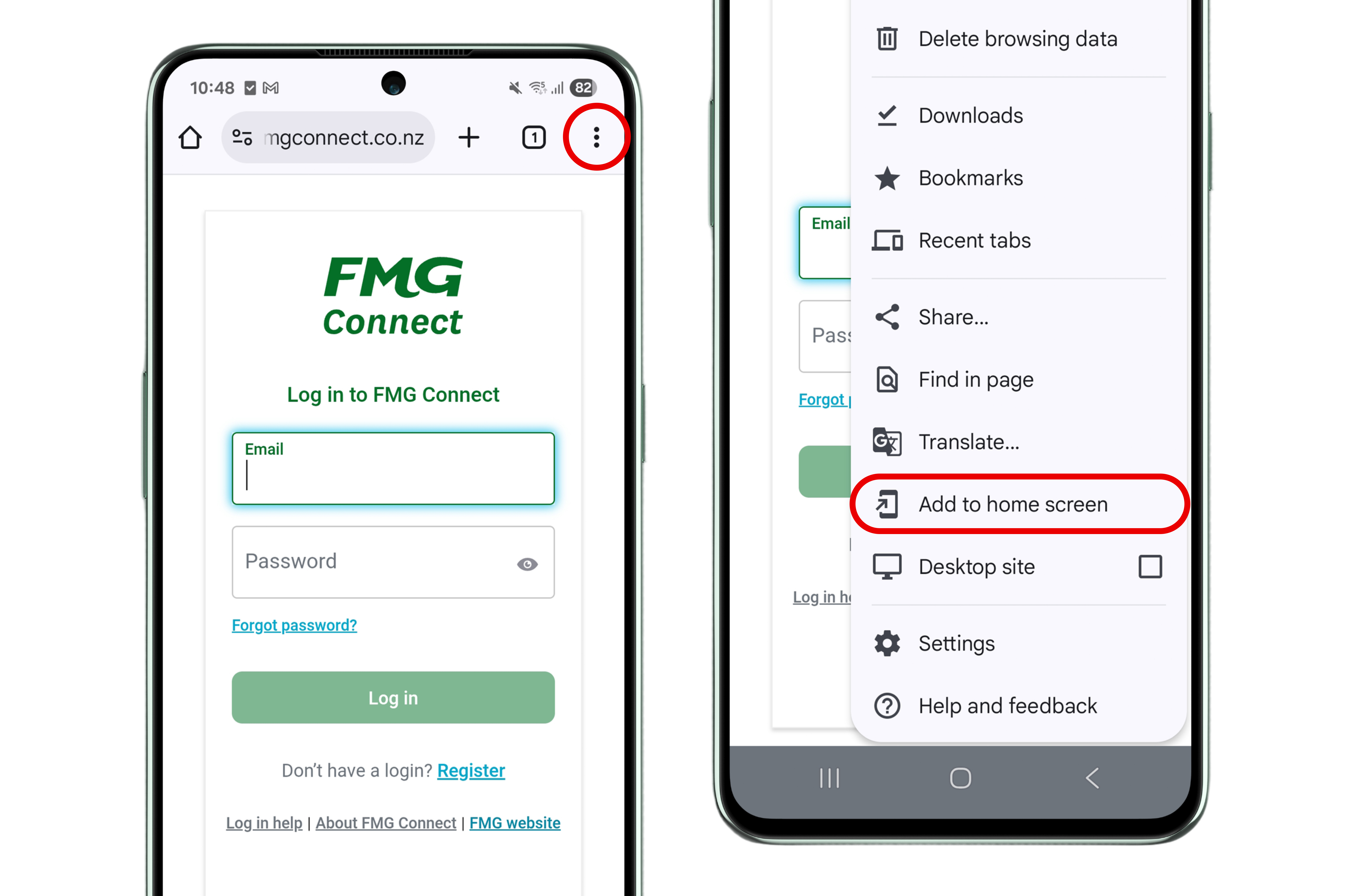 FMG Connect login page on Android phone showing drop-down menu with Add to Home screen highlighted