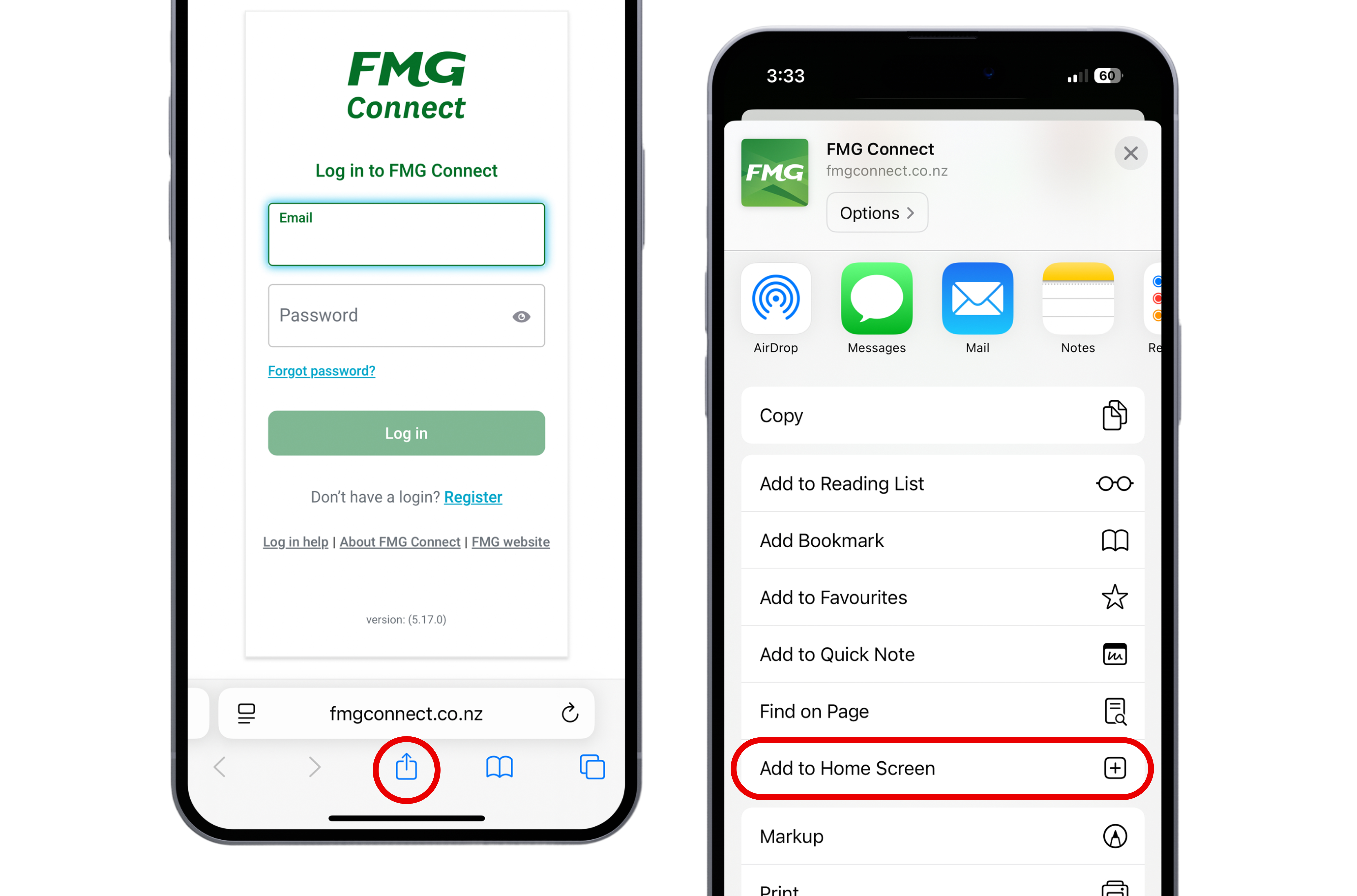 FMG Connect login page on Apple iPhone showing drop-down menu with Add to Home screen highlighted