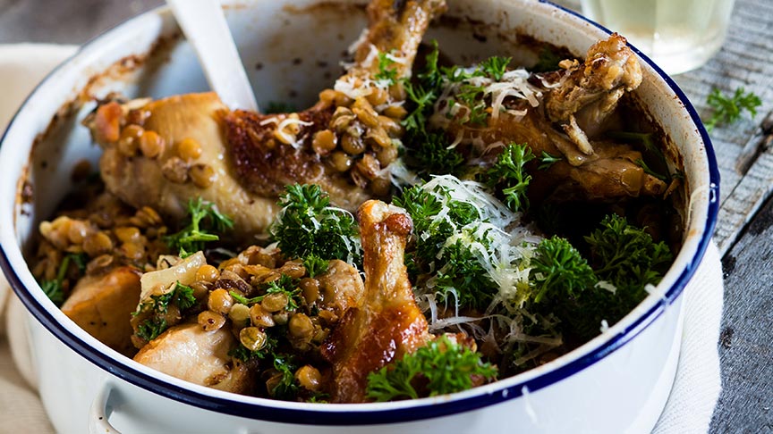 Dijon chicken with lentils 