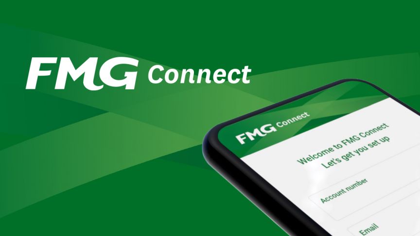 FMG Connect logo on green background with smartphone showing the Welcome to FMG connect screen in bottom right hand corner 