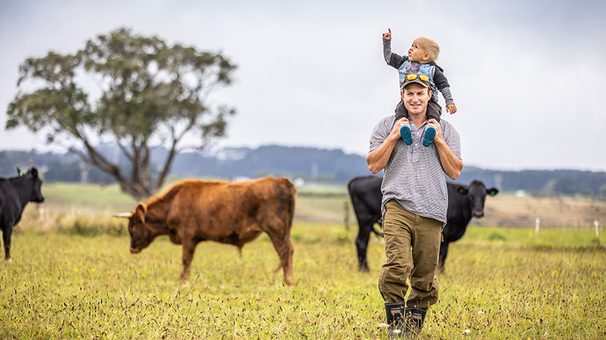 man carrying boy on shoulders in paddock with cow in background 