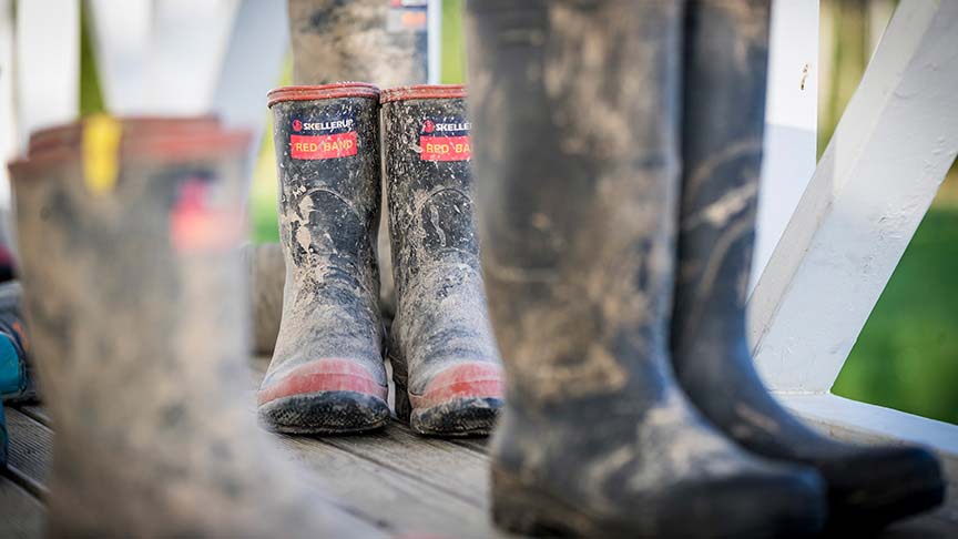 dirty red band gumboots on porch 